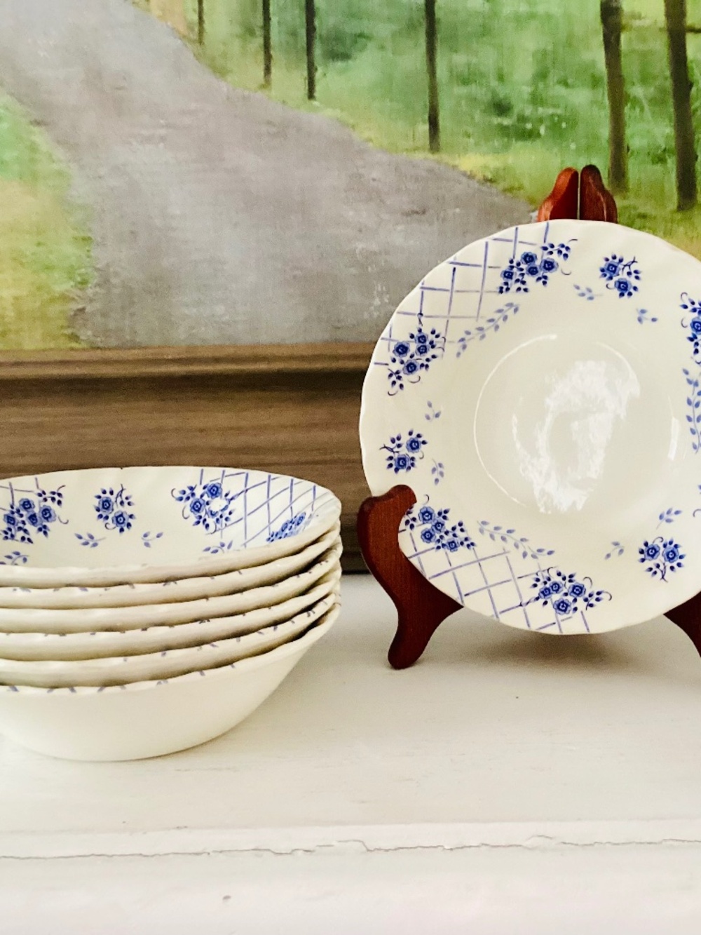 Lot Of 7 MYOTT MEAKIN Cereal/Soup Bowl LATTICE Blue Staffordshire England 1982.